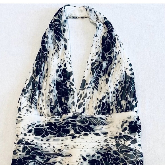 Tadashi silk halter dress Women’s 12 black white midi floral cocktail pleated. - Picture 14 of 14